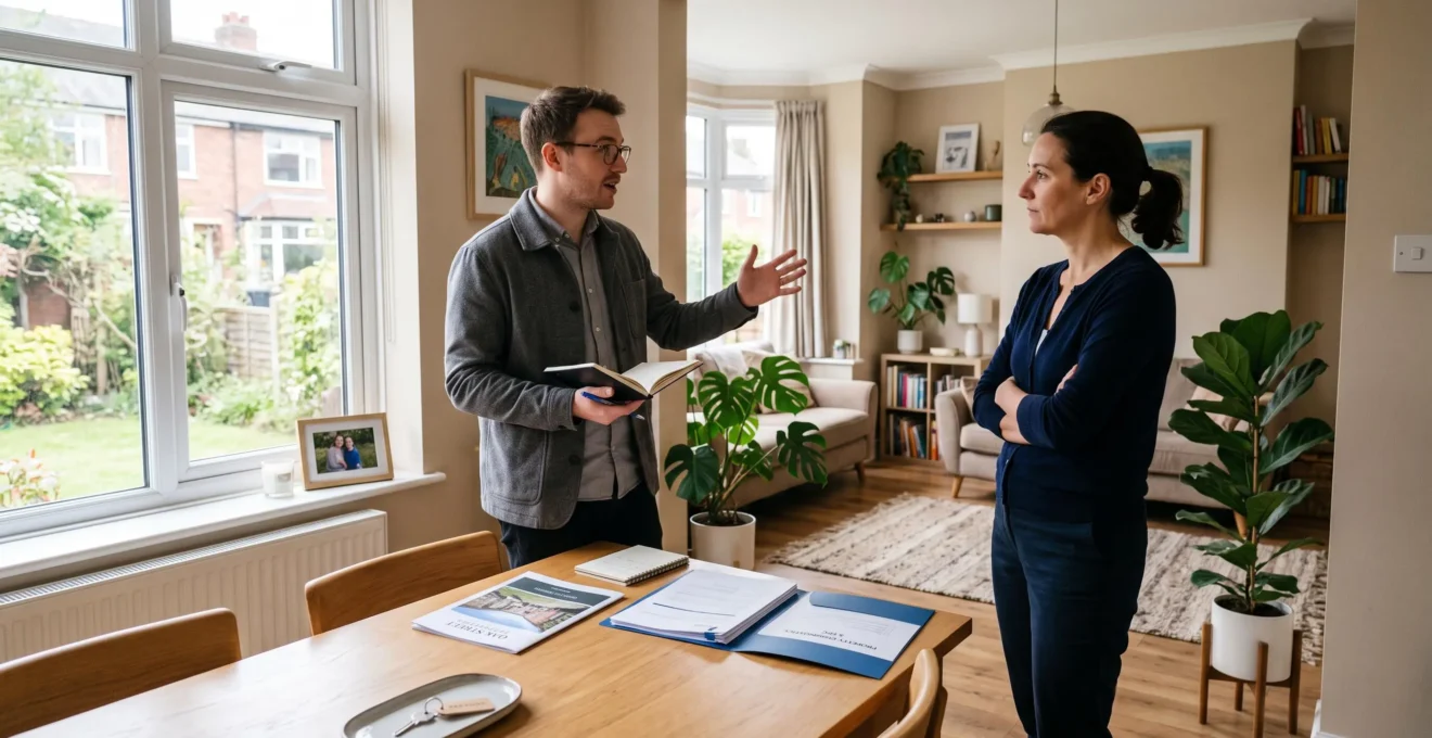 Un propriétaire et un acheteur discutent du prix d'une maison à vendre près d'une table où sont posés un dossier et des documents de diagnostic.