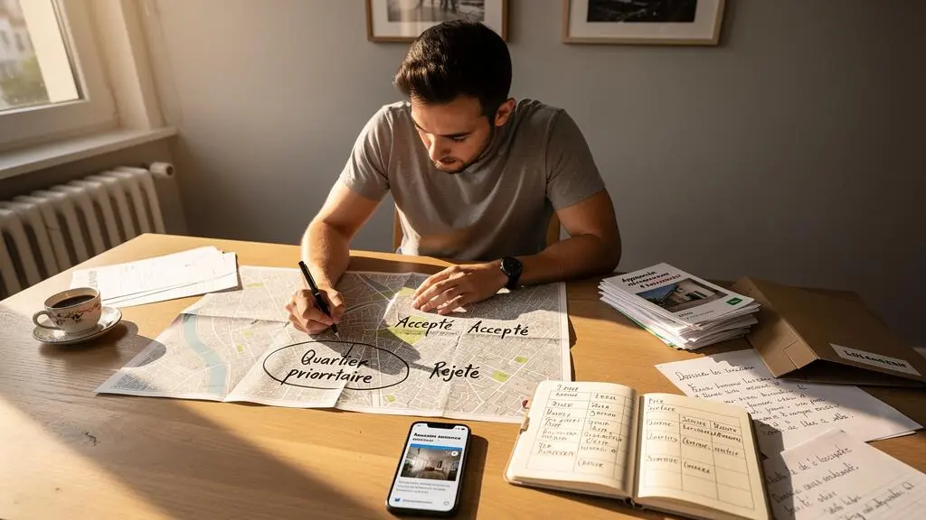 Une personne organise sa recherche immobilière à domicile avec un plan annoté, des annonces imprimées et un carnet de critères.