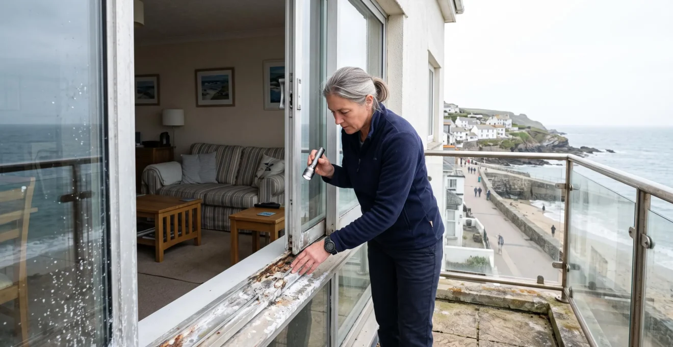 Un propriétaire inspecte la corrosion sur la menuiserie aluminium d'un balcon d'appartement en bord de mer.