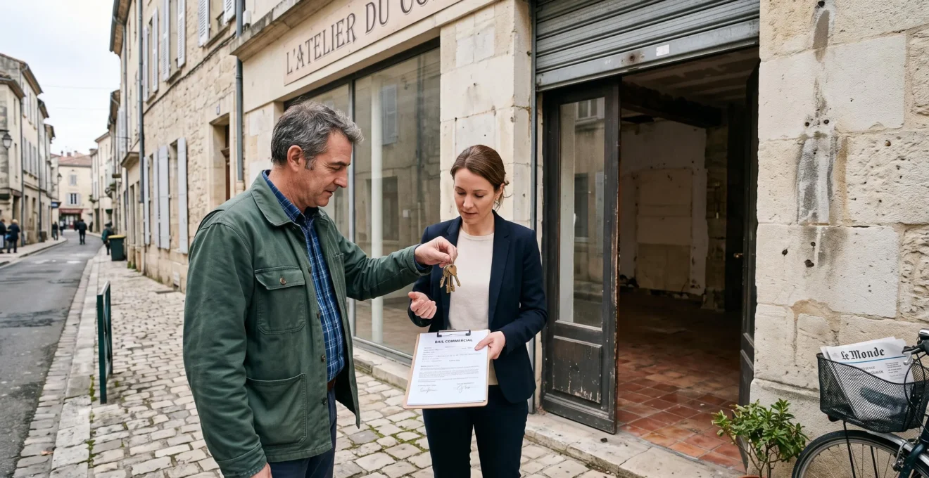 Un propriétaire remet un trousseau de clés à une commerçante devant un local commercial vide, un bail en main.