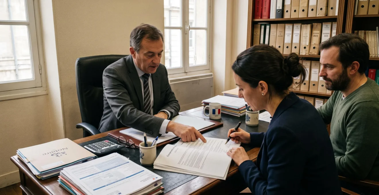 Une acheteuse signe un compromis de vente pendant qu'un notaire pointe une clause du document au bureau d'étude.