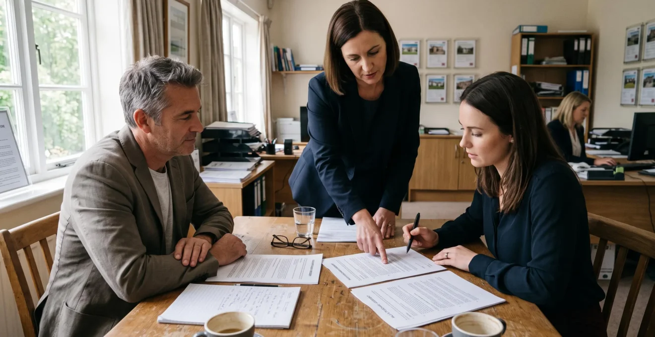Un acheteur et un vendeur examinent avec un agent immobilier une promesse de vente posée sur une table avant signature.