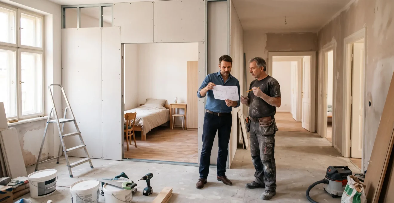 Un propriétaire et un ouvrier discutent dans un salon en cours de cloisonnement pour créer des chambres supplémentaires dans un appartement destiné à la colocation.
