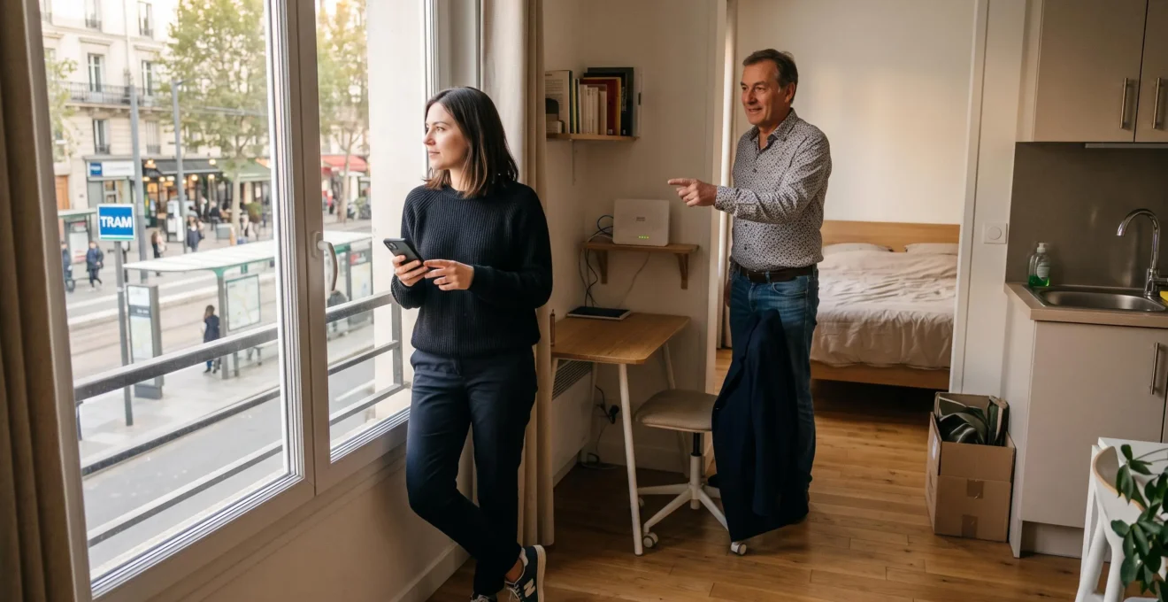 Une jeune femme visite un appartement meublé avec bureau et vérifie le trajet vers les transports depuis la fenêtre, accompagnée du propriétaire.